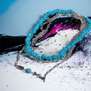 Silver and Turquoise Howlite Triple Strand Necklace with Arrow Pendant - Trendy